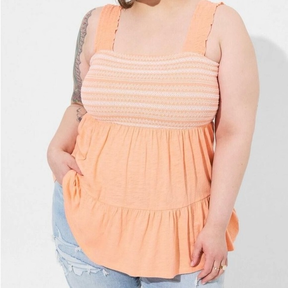 Torrid 4 Plus Smocked Babydoll Blouse Peach Ruffle Strap Cottagecore Festival - Picture 11 of 14